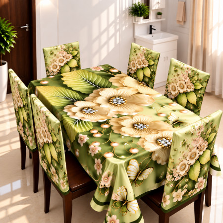 Elegant Printed Dining Tablecloth with Chair Covers Set of 6