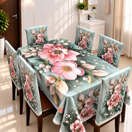 Elegant Printed Dining Tablecloth with Chair Covers Set of 6
