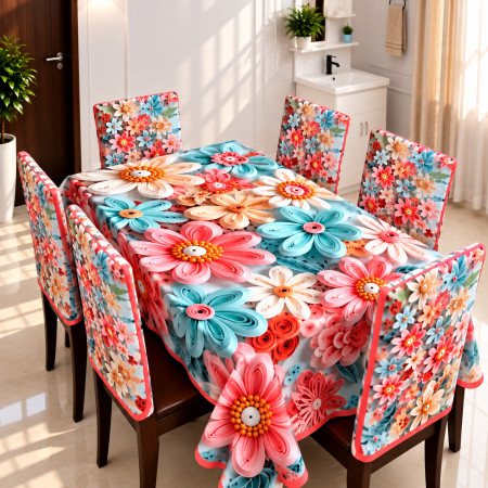 Elegant Printed Dining Tablecloth with Chair Covers Set of 6