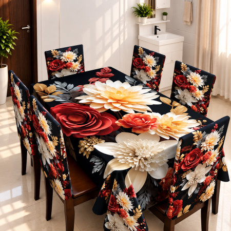Elegant Printed Dining Tablecloth with Chair Covers Set of 6