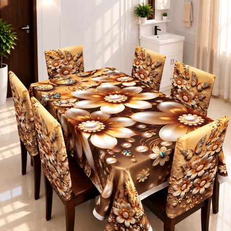 Elegant Printed Dining Tablecloth with Chair Covers Set of 6